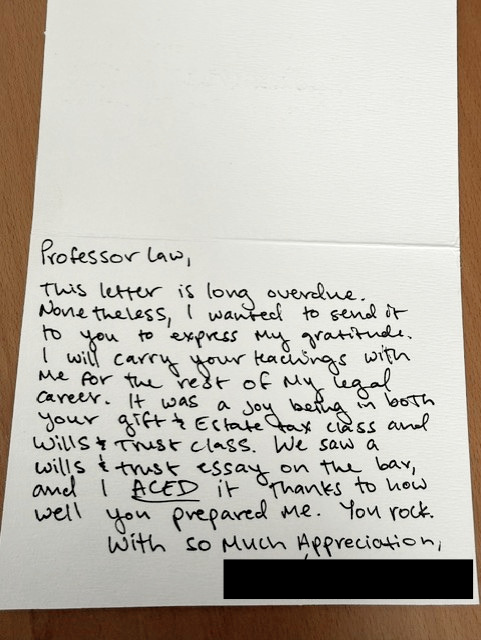Thank you note written by Zeb's student